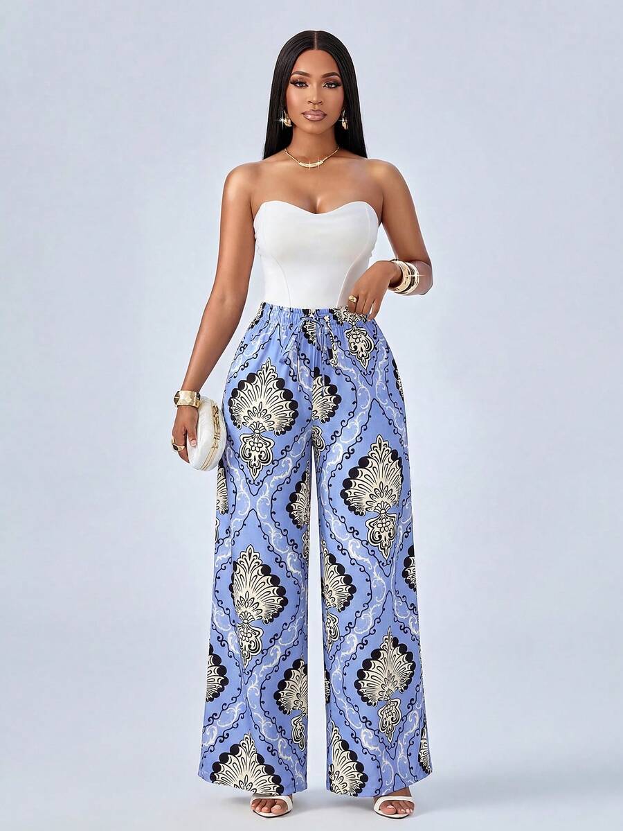 SOLERSUN 春夏女式优雅休闲度假风蓝色碎花印花长裤，松紧腰带配抽绳，直筒裤型 - 藍色 - 查看 1