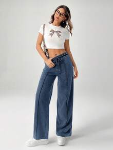 SHEIN PETITE Pantalones de chándal de pierna ancha con cordón para mujer con efecto desteñido - Azul Marino - Ver 3