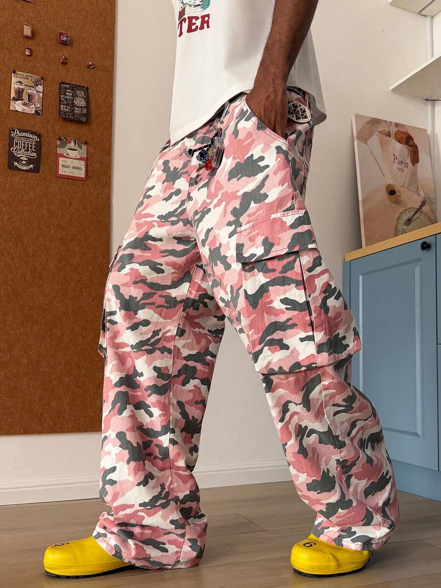 STEELVANCE 时尚多口袋休闲宽松直筒牛仔裤 - 粉色 - 查看 1