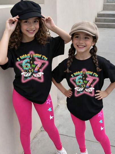 SHEIN ChillGRL 两件套少女休闲时尚短袖T恤搭配修身裤，饰有圣帕特里克节蝴蝶结、星星和数字67图案，四叶草蝴蝶结短袖圆领T恤，舒适时尚，适合春夏户外、休闲、街头、学校、派对等场合，亦可作为礼物。