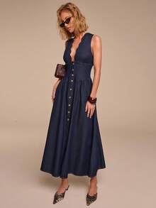 COSMINA Women's V-Neck Denim Dress, Casual Elegant Minimalist Denim Dress With Ruffle Hem - Navy Blue - View 3