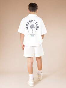 SUMWON Newport Club Boys Polo Shirt And Shorts Co-Ord Set With Palm Tree Logo Print Summer Casual Two Piece Outfit - White - View 1