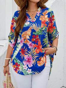 EMERY ROSE Plus Size Women Summer Casual Printed 3/4 Sleeve Shirt Women Blouses Summer Beach Shirts For Women Hawaiian Shirt Women Tropical Tops, Going Out Tops Plus Size Summer Shirt - Blue - View 4