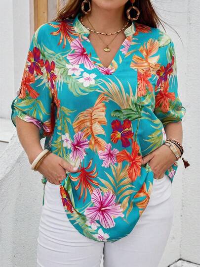 EMERY ROSE Camisa de talla grande con estampado floral de verano, cuello con muesca y mangas enrolladas