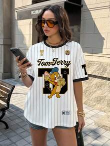 TOM & JERRY X SHEIN Women's Casual Striped Mouse Print Contrast Trim Round Neck Short Sleeve T-Shirt, Summer - White - View 3