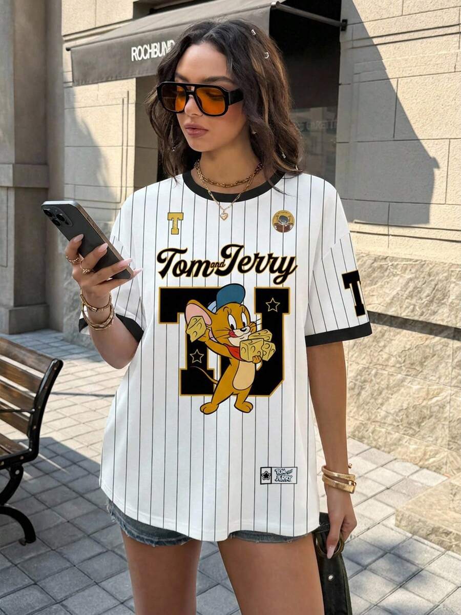TOM & JERRY X SHEIN 女士休闲条纹老鼠印花撞色滚边圆领短袖T恤，夏季 - 白色 - 查看 1