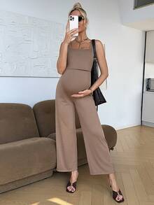 SHEIN Maternity Solid Color Square Neck Ribbed Casual Nursing Jumpsuit - Brown - View 10