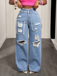 BamGleam Cowgirl Inelastic Distressed Straight Leg Blue Jeans, Spring For Women - Light Wash - View 8