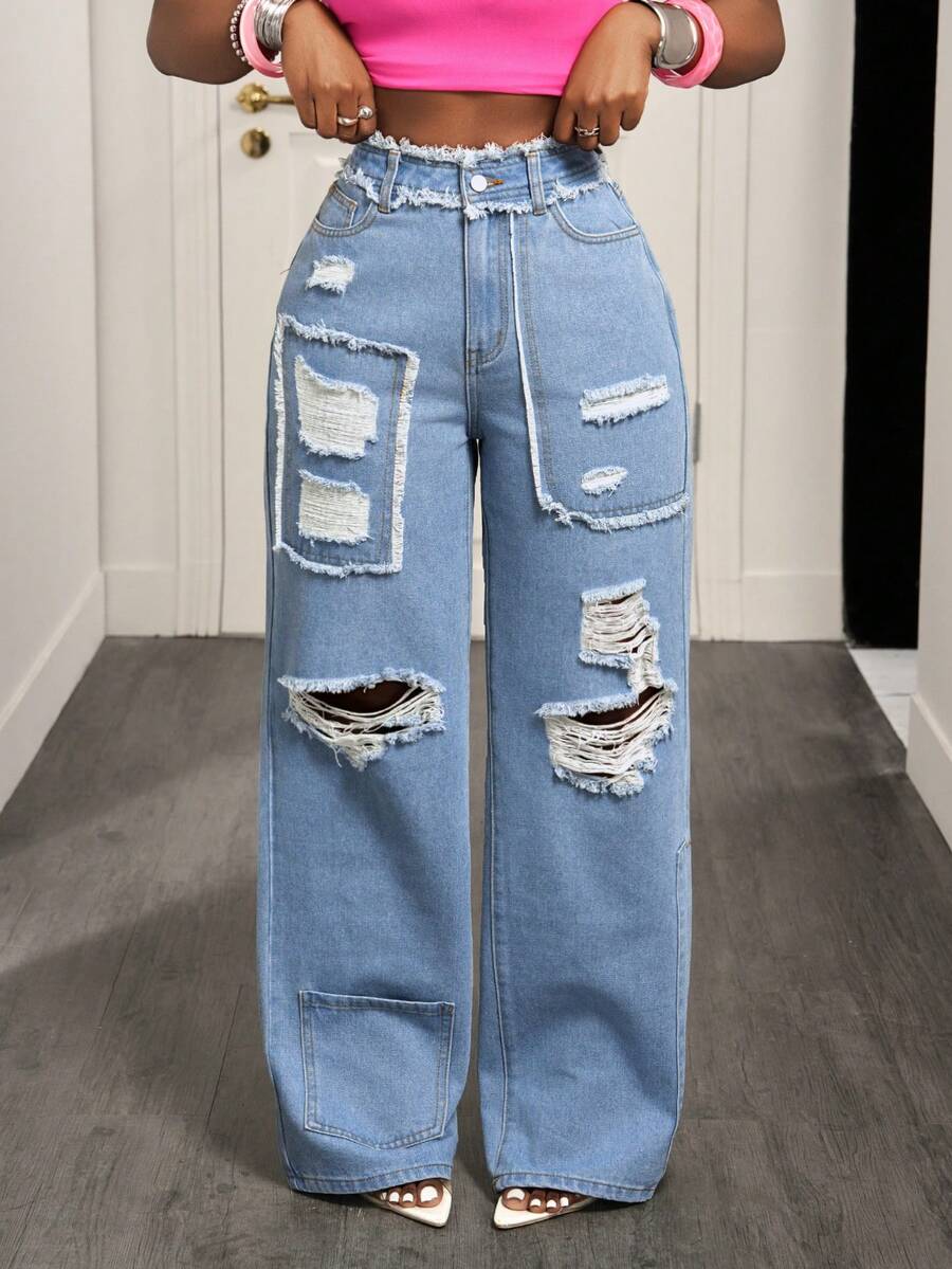 BamGleam Cowgirl Inelastic Distressed Straight Leg Blue Jeans, Spring For Women - Light Wash - View 1