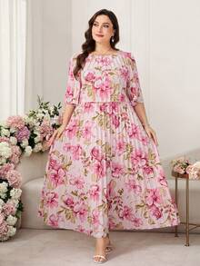 Reflora 大码女式印花褶皱圆领短袖优雅夏季连衣裙 - 粉色 - 查看 4