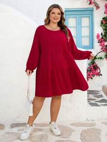 SHEIN CURVE+ Curve 加大码 US22 音乐节、海滨度假、波西米亚风 CURVE PLUS // 复古豹纹宽松圆领长袖连衣裙，适合秋冬季穿着 - 紅色 - 查看 7