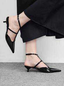 CUCCOO BIZCHIC Giày sandal nữ mũi nhọn, da bóng màu đen, kiểu dáng tối giản, quai chữ T, kín mũi, thanh lịch, phù hợp đi làm hàng ngày và hẹn hò buổi tối. - màu đen - Xem 3