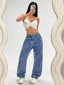 SHEIN ICON Quần jeans ống đứng ống rộng, giặt thường ngày dành cho nữ - Rửa tối - Xem 3