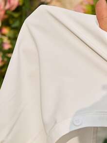 Tween Girls' White Textured Woven Round Neck Ruched Ruffle Cuff Long Sleeve Loose Casual Top, Vacation Style, French Elegant, Suitable For Spring Outing, Back To School - White - View 6