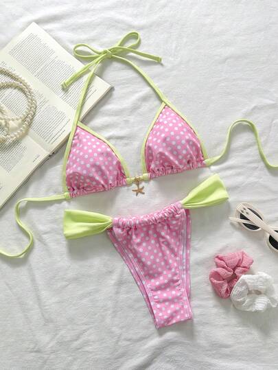 Swim Mod 2026 SS Women's Beach Outfit, Women's Bikini Set, 2-Piece, Spring/Summer Beach, Resort, Afternoon Tea, Picnic, Fresh And Sweet Polka Dot Print, Exquisite Contrast Trim, Ocean-Themed Metal Starfish Pendant Decor, Bow Tie Decor Straps, Light Pink & Light Green, Sweet And Cute, Elegant Lady, Suitable For Summer Beach, Vacation, Daily Wear