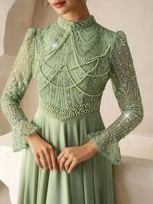 Coutiva Đầm xòe chữ A thanh lịch mùa thu đông, chất liệu satin đính sequin, cổ cao, tay dài, điểm xuyết ngọc trai và đá quý, thích hợp làm đầm dự tiệc cưới, tiệc sinh nhật, lễ tốt nghiệp, lễ hội âm nhạc, đầm dự tiệc. - màu xanh lá - Xem 8