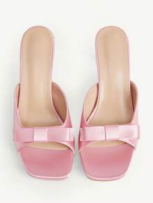 CUCCOO CHICEST French Pink Satin Bow High Heel Slippers Women's Summer Wear Square Heel Sandals - Pink - View 2