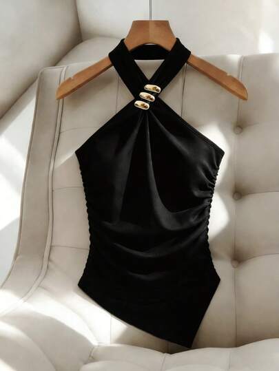 Franclia French-Style Chic Black Metallic Top, Black Knit Top, Summer Top, Casual And Fashionable Metallic Embellishment, Fitted Waist Camisole, Black Sleeveless Top, Irregular Hem Top, Backless Camisole Top, Sleeveless Top, Pleated Top, Black Camisole Top. Halter Top Black Top Black Halter Top Ruched Top