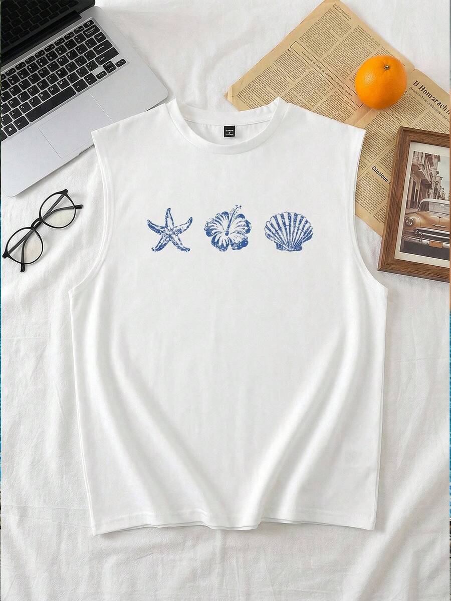 Velminro Standard Size Men's Casual Shell, Starfish, Hibiscus Pattern White Tank Top, Suitable For Summer Outings - White - View 1