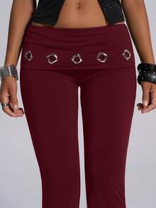 TypaGal Women's Casual Fashion Street Chic Daily Commute Metal Decor Foldover Waist Flare Leg Pants Bell Bottom Pants Flared Pants - Burgundy - View 4