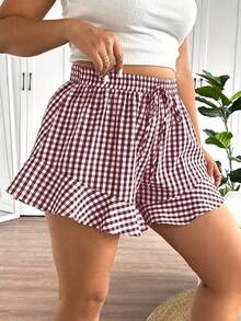 SHEIN Frenchy Plus Size Summer Casual Plaid Ruffle Hem Elastic Waist Shorts - Red - View 8