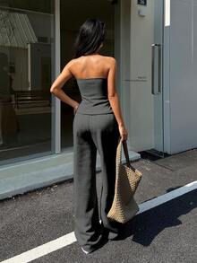 Flirla 女士极简主义卫衣和打底裤两件套 - 深灰色 - 查看 2