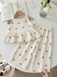 LMoss Kids 2pcs Baby Girl Ditsy Floral Woven Casual Vest And Pants Set - Multicolor - View 2