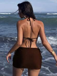 Swim SXY 女士性感露背比基尼套装，配腰带和褶皱裹身裙，休闲沙滩时尚畅销款 - 棕色 - 查看 2