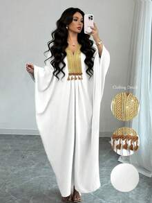 Elenzga 中东风格宽松亚麻连衣裙，配金色领子 - 白色 - 查看 1