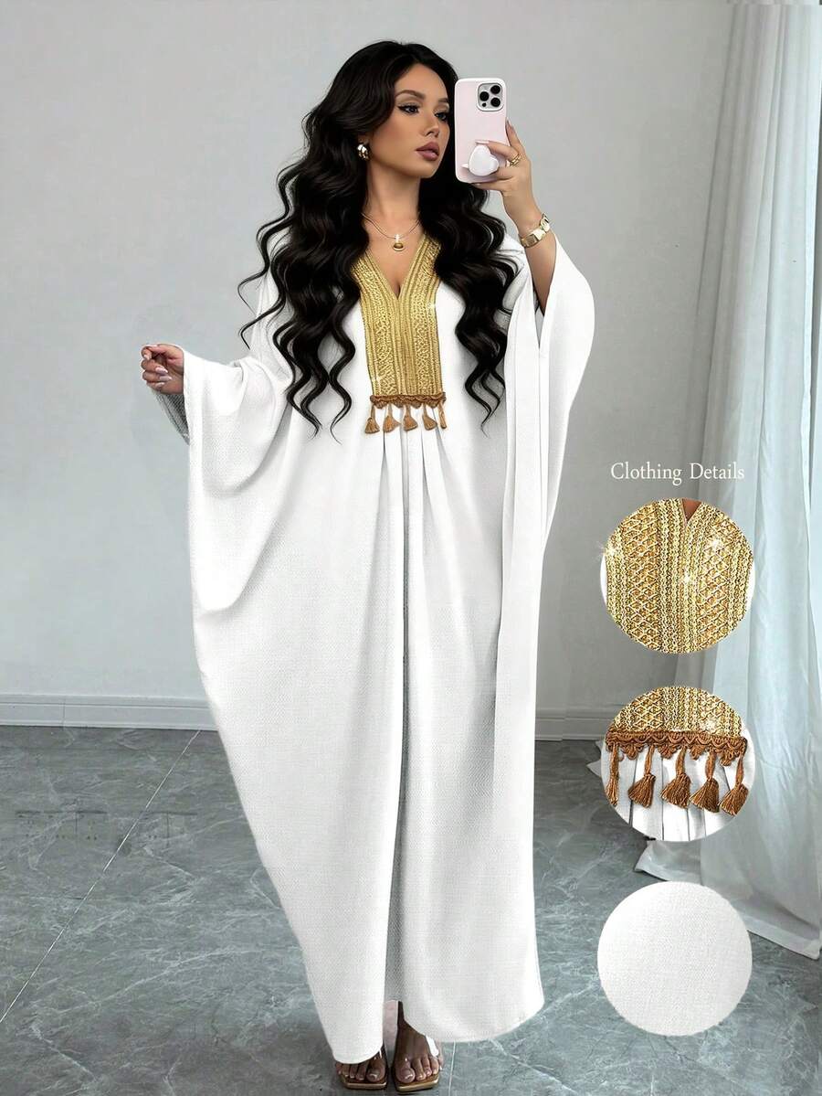 Elenzga 中东风格宽松亚麻连衣裙，配金色领子 - 白色 - 查看 1