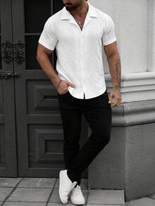 Manfinity CasualCool Camicia a maniche corte da uomo, minimalista, di colore solido, in tessuto strutturato, adatta per l'estate, il tempo libero e gli spostamenti quotidiani - Bianco - Visualizzare 4