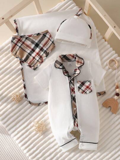 SHEIN 4pcs/Set Newborn Baby Girl Gift Box, Including 1pc Short Sleeve Shirt Collar Patchwork Plaid Romper, Matching Hat, 1pc Plaid Drawstring Blanket, Soft Fabric, Suitable For Home Wear
