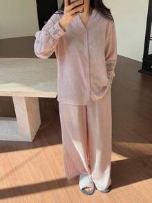 DAZY 2件套女士宽松开衫长袖和直筒长裤睡衣套装，春季 - 淺粉色 - 查看 5