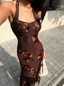 SHEIN Unity Women's Burgundy Halter Maxi Mermaid Dress, Luxury Embroidered Elegant Gown For Wedding, Party, Vacation, Night Club, Date, Autumn, Valentine's Day, Christmas - Coffee Brown - View 1