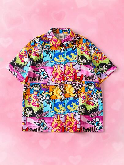 THE POWERPUFF GIRLS X SHEIN Tween Girls' Casual Fashionable Street Pop Art Print Loose Fit Oversized Shirt, Suitable For Daily, Commute, Vacation