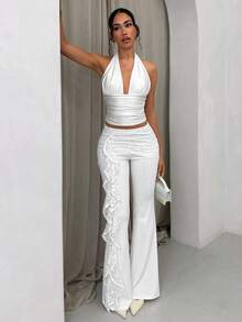SHEIN Glamour Quần dài nữ màu trắng thanh lịch, dáng ôm, phối ren, xếp ly, thích hợp cho kỳ nghỉ xuân/hè, kỳ nghỉ biển, kỳ nghỉ hè cho nữ, quần ống loe, quần trắng nữ, quần ống rộng màu trắng. - trắng - Xem 4