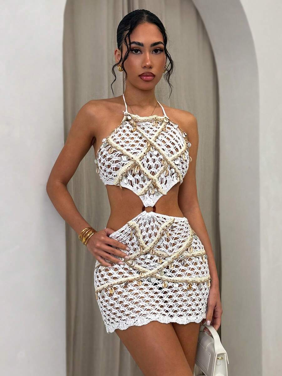 Glamine Elegant White Summer Boho Holiday Vacation Holiday Hollow-Out Knitted Dress,Shell Sparkling Sequins,Halter Mesh Crochet Dress