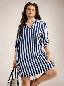 SHEIN LUNE Vestido casual recto holgado con mangas enrolladas de rayas para mujer de talla grande, vestido de rayas de talla grande, vestido camisa de talla grande, vestido de resort de rayas de talla grande para mujer, vestido casual de curvas, vestidos túnica para mujer de vacaciones, vestido de estilo francés para mujer, vestidos de verano para mujer, vestidos náuticos para mujer, vestido de marinero para mujer, atuendos de verano para mujer, vestido de yate, vestido de rayas, vestido de verano con mangas, atuendos de verano para mujer de talla grande, vestidos casuales de verano para mujer - Blanco y Negro - Ver 9