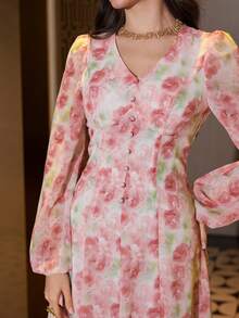 Modelyn 女士春夏V领雪纺长袖连衣裙，饰有蝴蝶结纽扣，A字廓形，优雅浪漫长款连衣裙 - 粉色 - 查看 3