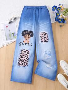 SHEIN ChillGRL Teen Girl Denim Effect Ripped Leopard Print & Cartoon Character Print Pants - Medium Wash - View 3