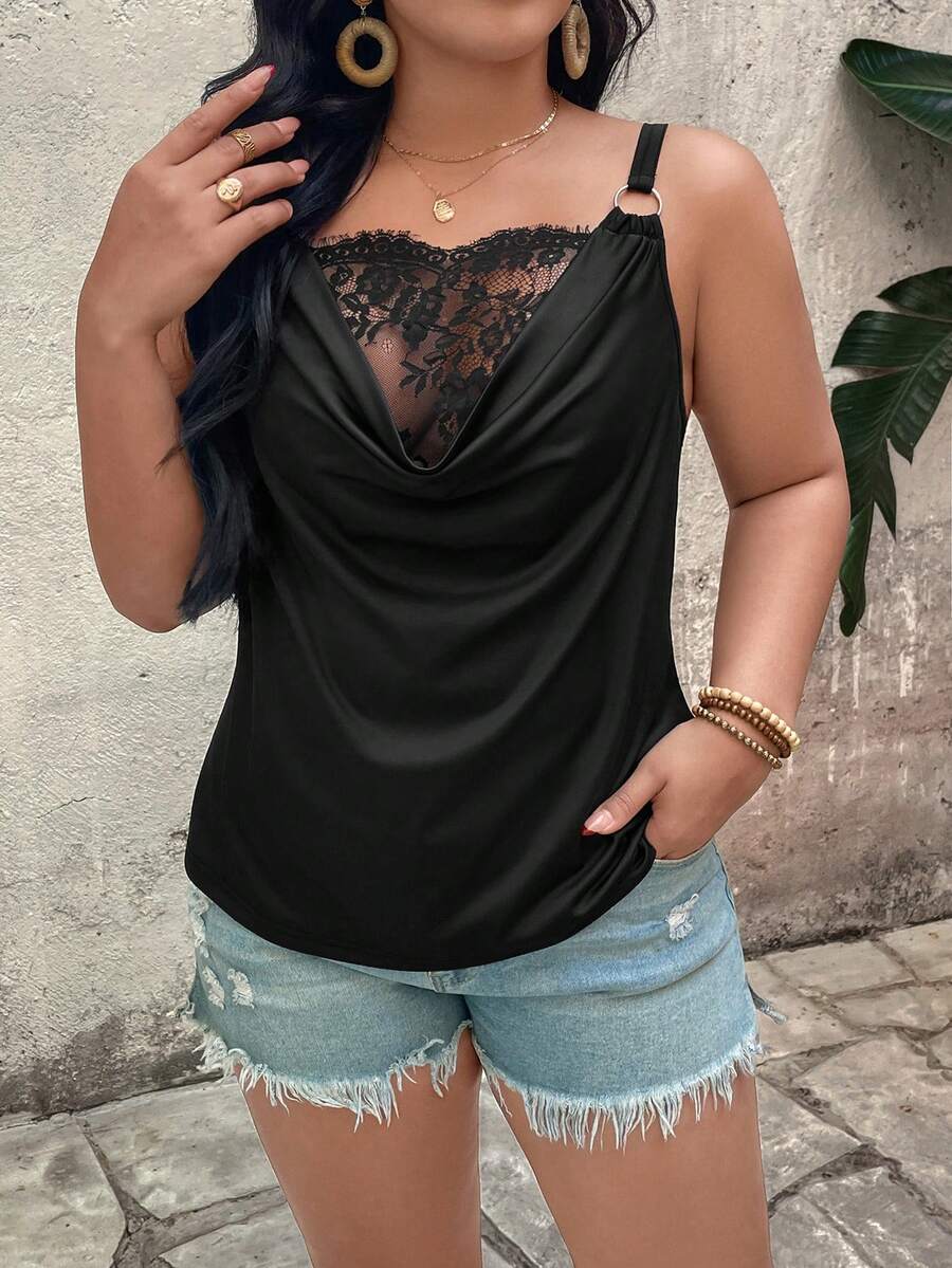 SHEIN LUNE CURVE Áo hai dây dáng rộng dành cho nữ, thanh lịch, cài kim loại, phối ren, cổ xếp ly, kiểu dáng tối giản gợi cảm, không tay, thích hợp cho mùa xuân và hè. - màu đen - Xem 1