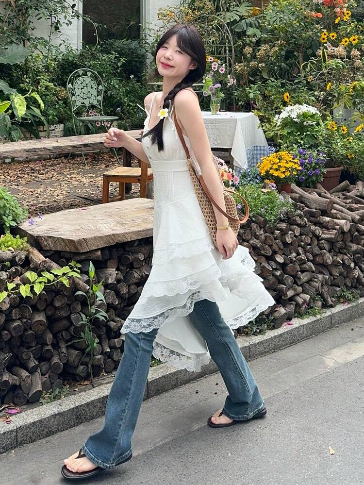 Women's White Beach Vacation Outfit Cake Skirt Mid-Length Dress