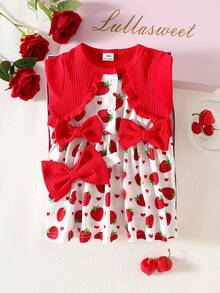 SHEIN 新生女婴红色蕾丝长袖卡通草莓印花连衣裙，配同款发带两件套，优雅甜美可爱，适合秋季日常户外休闲活动 - 紅色 - 查看 6