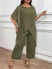 Reflora Plus Size Summer Elegant Solid Color Asymmetric Hem Top And Pants 2 Pieces Set - Army Green - View 8