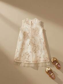 SHEIN 少女荷叶边亮片花卉图案休闲度假日常连衣裙 - 杏色 - 查看 2