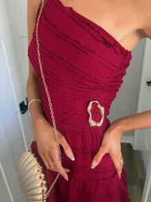 Sydney Algeri Elegant Asymmetric Neck Top And Peplum Skirt Set, Summer - Burgundy - View 3