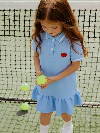 SHEIN Young Girl Solid Color Heart Embroidered Collar Casual Knit Shirt Dress