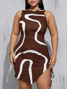 SHEIN Essnce 大码夏季女式修身束腰抽绳连衣裙，紧身连衣裙，曲线连衣裙，休闲夏季连衣裙，黑色夏季连衣裙，黑白连衣裙，曲线半身裙（不规则印花连衣裙） - 棕色 - 查看 6