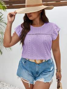 SHEIN Frenchy 大码女式夏季休闲度假日常通勤纯色荷叶边袖口T恤 - 淡紫色 - 查看 5