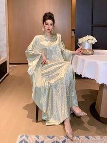 DAZY 女士优雅派对金色箔片蝙蝠袖印花连衣裙 - 酪梨綠 - 查看 2